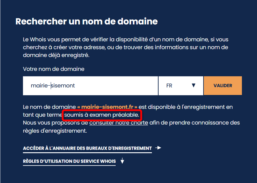le nom de domaine est soumis à examen préalable